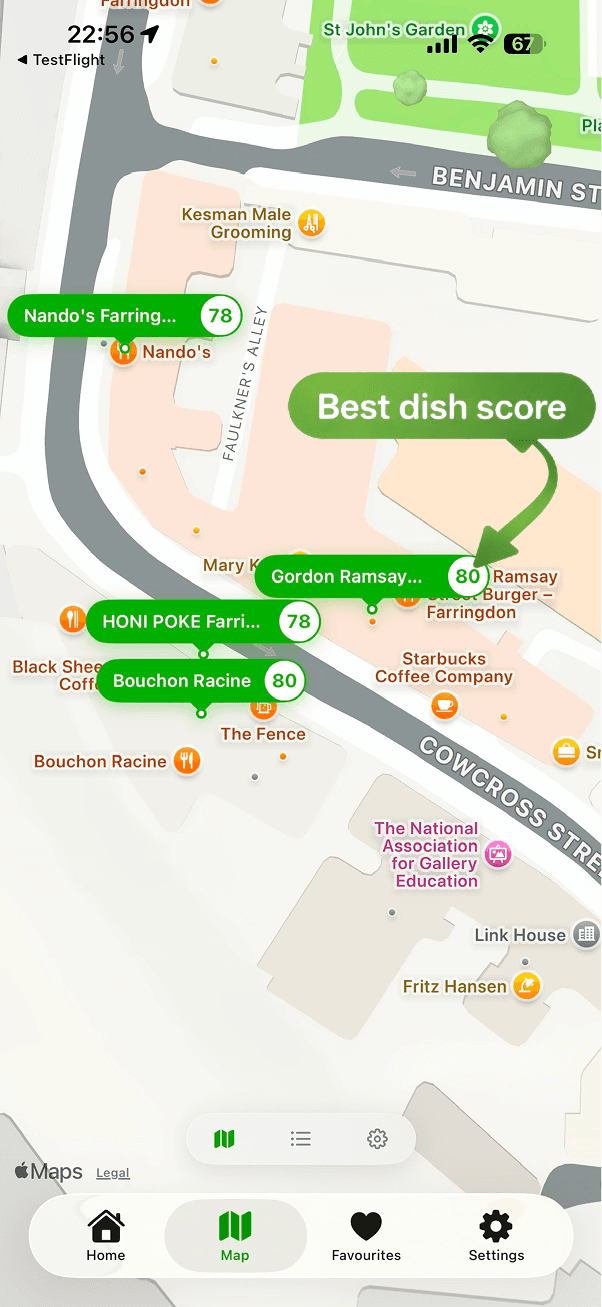 Qelo map view showing nearby healthy restaurants