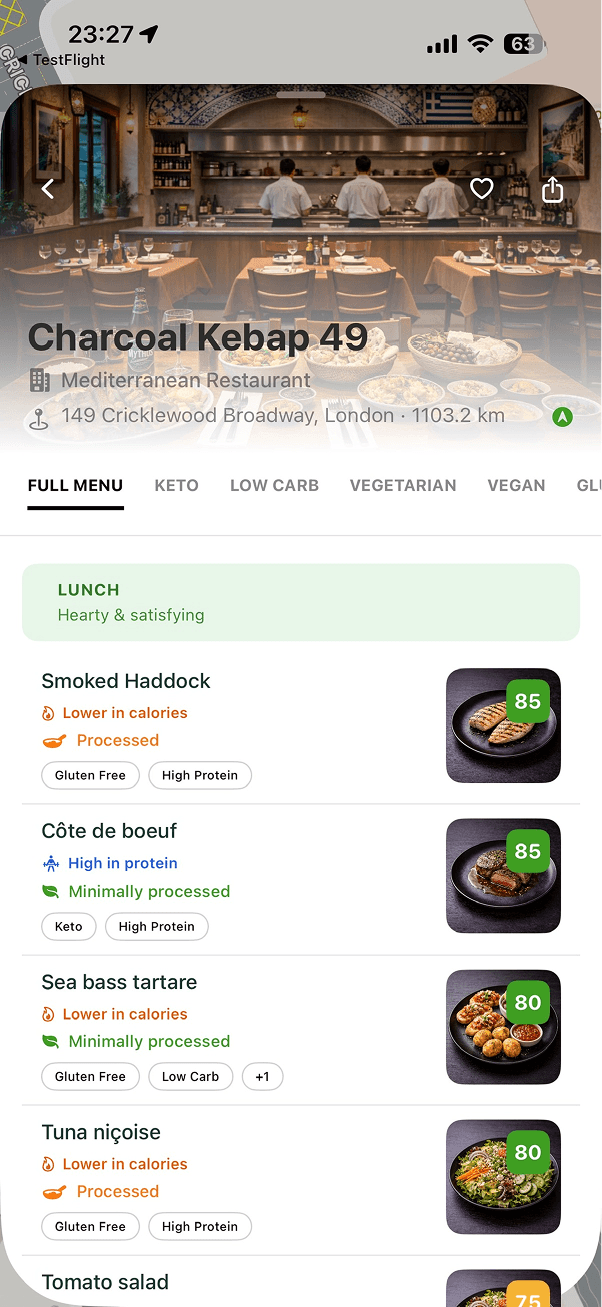 Qelo restaurant menu with health scores