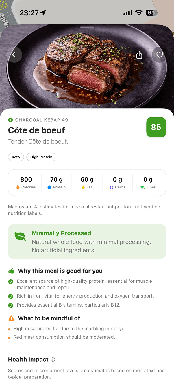 Qelo meal detail with nutrition insights