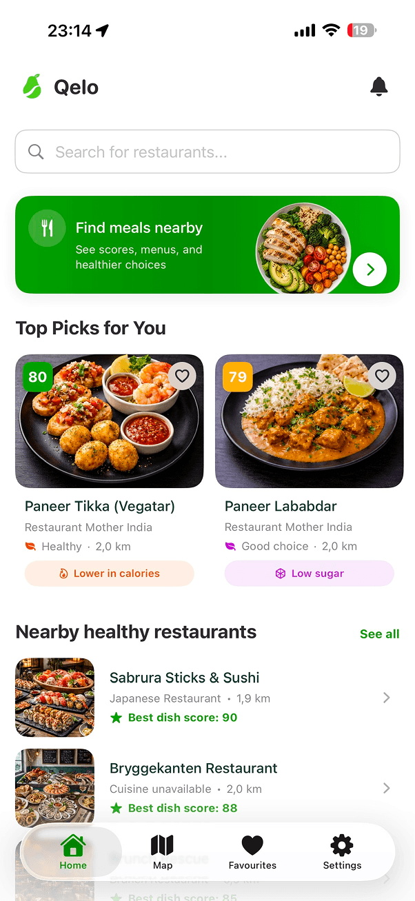 Qelo home screen with personalized recommendations